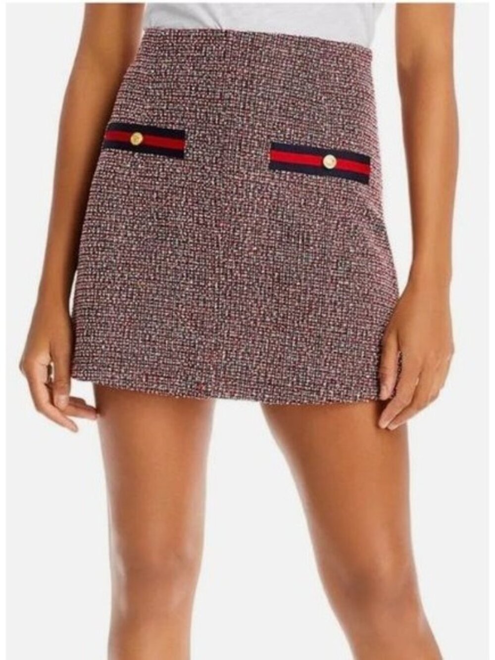 NWT Aqua Women's M Red Navy Tweed Mini Skirt Gold Button Preppy Academia